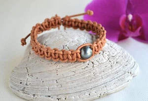 Genuine Tahitian Pearl Leather Bracelet Tahiti Pearl Bracelet Handmade by Yevga - Picture 1 of 12