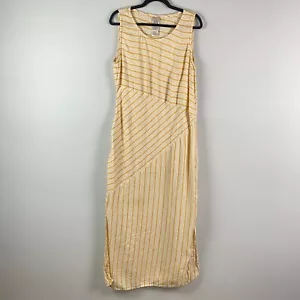 Chicos Textured Linen Yellow Stripe Maxi Dress Size 3 US XL Sleeveless Slit - Picture 1 of 11