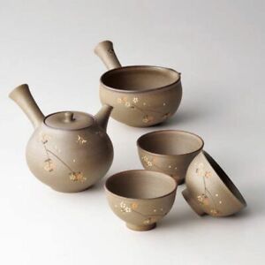 Teapot set - SEIHO TSUZUKI - Flower - 1 pot, 1 cooling bowl, 3 teacups Tokoname