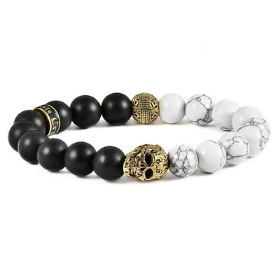 Men's Skull with Howlite and Matte Onyx Stone Beads Stretch Bracelet - Image 1 of 3