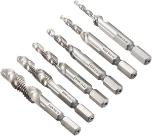6er Set SAE Bohrer Gewindebohrer Kombi Bits HSS Entgrater Senker Bit Set mit 1/4 - Bild 1 von 12