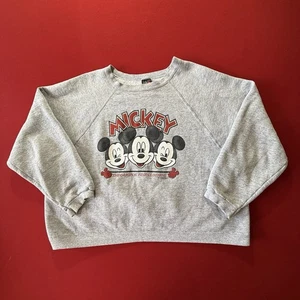 Sudadera De Colección Mickey Mouse Para Mujer Grande Gris Manga Raglán Recortada Años 90 Hecha en EE. UU. - Imagen 1 de 5