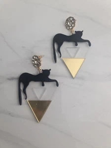 Tiger Leopard Lion Triangle Earrings Crystal Black Gold Statement Big Large Gift - Picture 1 of 3
