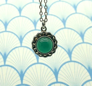 Collar Colgante Vintage Plata de Ley 925 Marcasita y Cabujón Jade Verde - Imagen 1 de 8