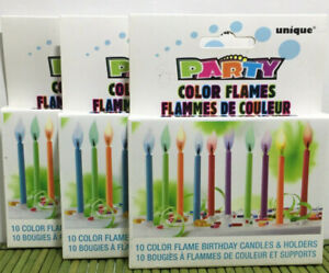 3 Sets of 10 Color Flame Birthday Candles & Holders Green Pink Lilac Orange Blue