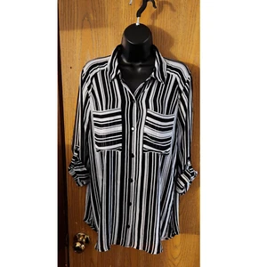 Belle Sky Women's Blouse Front Pocket Black Striped Collared Blouse Large Shirt - Picture 1 of 5