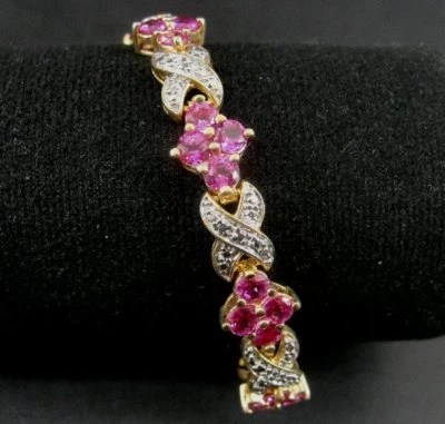 Pulseira Pedras Rosa Flor Ouro Vermeil sobre Prata Esterlina 925 Tênis 6,5" - Imagem 1 de 4