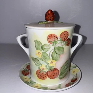 Vintage Erdbeermarmelade/Zuckerdose mit Deckel & Unterteller signiert Ruth 1989 - Bild 1 von 7