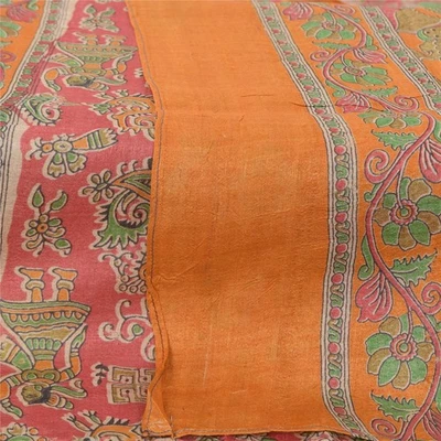 Bufandas Pattachitra de seda pura estola larga Dupatta rosa/mostaza de colección Sanskriti  Foto 1 de 4