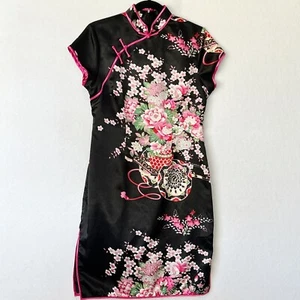Shanghai Soho Satin Cheongsam Knee Dress Black Pink Floral Size L/XL - Bild 1 von 6