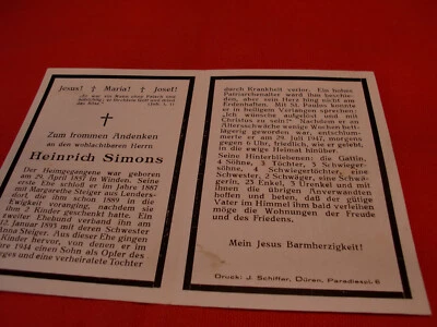 Sterbebild, Totenzettel. "Heinrich Simons. ( Lendersdorf.) - Bild 1 von 4