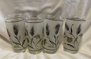 Libbey  Juice Glasses  4" Frosted Fall Leaves Silver Dark Gray Set of 4 Vintage