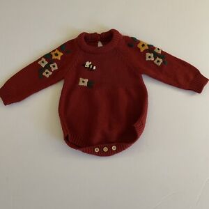 Baby Fall Knit Romper Sweater 3-6 M 70 Brown Embroidered Cottagecore Long Sleeve