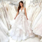 Luxury Ruffles Wedding Dresses Tiered Deep V Neck Lace Appliques Bridal Gowns