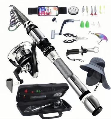 Portable Fishing Spinning Rod and Reel Combo Set Carbon Fiber Fluorescent Rod... - Image 1 of 4