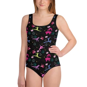 Girls Gymnastics Fun Print All-Over Print Youth Swimsuit Size 8 to 20 - Picture 1 of 29