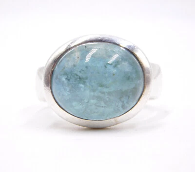 12,7 Gm 925 Sterlingsilber Natürlicher Aquamarin Cab Edelsteinring Größe 7,3" US - Bild 1 von 4