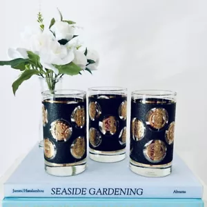 3 Libbey Black Textured Gold Coin Design Vintage MCM Tumblers Highball Glasses - Picture 1 of 6