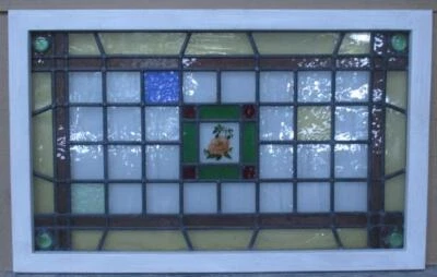 GEOMETRIC HAND PAINTED ENGLISH LEADED STAINED GLASS WINDOW TRANSOM 31 3/4" x 20" - Image 1 of 4
