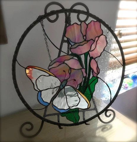 Stained Glass Iridescent Pink Florals Mirror Butterfly Bubble Rain Glass Window Cover