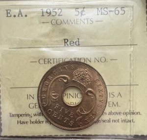 British East Africa 5 Cents 1952 ICCS MS 65 RD - Picture 1 of 3
