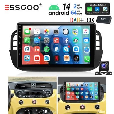 9" DAB+ Für Fiat 500 2007-2015 Autoradio Android 14 Carplay GPS RDS WIFI 64G KAM - Bild 1 von 4