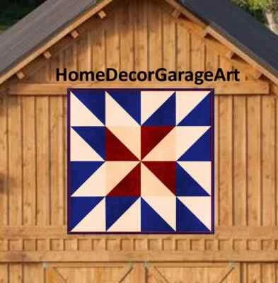 AMISH BARN QUILT DESIGNS Amish Barn Quilt Art Sign, Patchwork Blue Red, Square Metal Sign