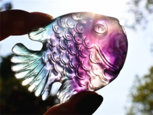2.4+" Carved Natural Rainbow Fluorite Fish Reiki Crystal Skull Crystal Gifts 1PC - Picture 1 of 12