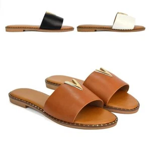 Womens Flat Sandal Ladies Gold Buckle Slip On Casual Summer Slider Size 3-8 - Picture 1 of 34