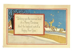 Geprägter WEIHNACHTSGRUSS • Schneebedeckte Häuser Sterne Mond • vergoldet unbespielt - Bild 1 von 2