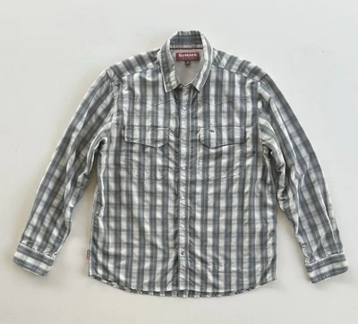 Simms Long Sleeve Shirt Big Sky Gray Plaid Fishing Vented Pearl Snap Men’s Large - Image 1 of 4