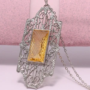Vtg Antique 1920s Art Deco Molded Citrine Glass Silver Filigree Necklace - Picture 1 of 6