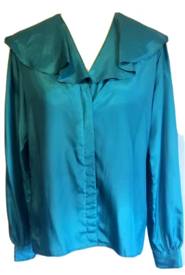 STUART LANG Blouse Women 11/12 Blue Flutter Collar Puff Sleeve Sweet VTG 80s - Imagem 1 de 4