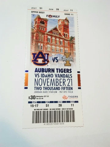 2015 Auburn Tigers Idaho Vandals Football Ticket Stub Cover