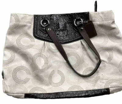 Coach Ashley Sateen Patent Leather Dotted Op Art Mahogany Khaki Bag - Image 1 of 4