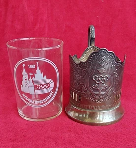 XXII Moskau-1980 Olympische Sommerspiele Logo Teeglashalter & Glas selten - Bild 1 von 14
