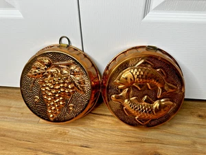 Vintage Copper Tine Fluted Jello Molds Set 2 Grapes Fish Korea Farmhouse Decor - Picture 1 of 12