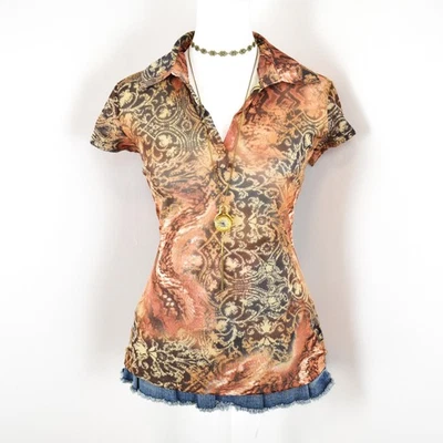 VTG 00s Y2K INC Orange & Brown Floral Paisley Collage Mesh Short Sleeve Polo Top - Image 1 of 4