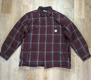 Carhartt Shirt Jacket Mens 3XL Burgundy Shacket Plaid Sherpa Lined Snap Front - Picture 1 of 9