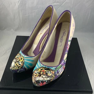 ED HARDY GRAPHIC TIGER FLORAL LOVE WOMEN'S METAL HIGH HEEL SIZE 5 - WORN / USED - Picture 1 of 11