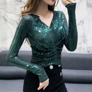 Women Shiny Sequin Sweatshirt V-neck Pleated T-shirt Shirt Clubwear Party - Picture 1 of 15