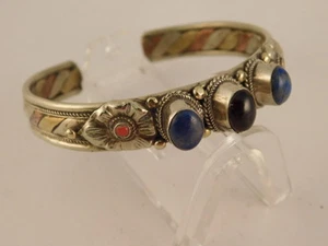 LAPIS LAZULI GARNET CORAL NICKEL SILVER CUFF BRACELET ARTISAN HANDCRAFTED - Picture 1 of 12