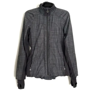 Lululemon Grey Zip Up Jacket Athletic Plaid Ruffles 2010s Gym Running Thumb Hole - Bild 1 von 17