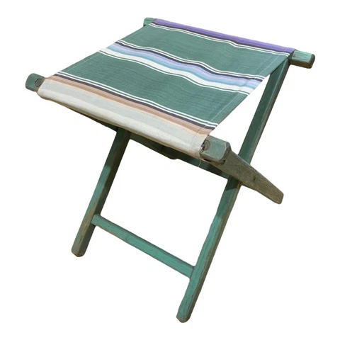 Vintage Chippy Green Wood & Striped Canvas Folding Camp Chair Cottage Doll Bench Cover