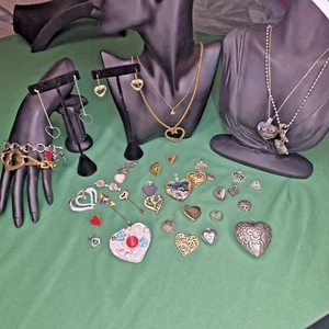 Hearts Lot 35+ Silver Gold Tone Glass Necklaces Earrings Pendants Brooches &More - Picture 1 of 24