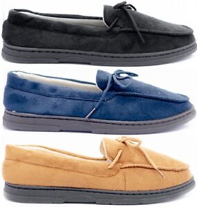 MENS FAUX SUEDE TEXTILE LINED SLIPPERS SHOES MOCCASIN COMFORT SOFT HARD SOLE SZ
