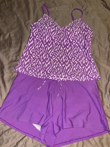 CABANA BEACH L (14) nylon blend SWIMSUIT LAVENDER/WHITE 2 PIECE pre-owned - Picture 1 of 19