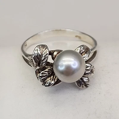 Anillo Perla Plateado Hojas Gris Claro Redondo 7 Foto 1 de 4