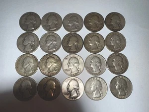 LOT OF 20 WASHINGTON QUARTERS-$5 FACE- 90% SILVER ALL PRE 1964 CIRCULATED - Picture 1 of 6