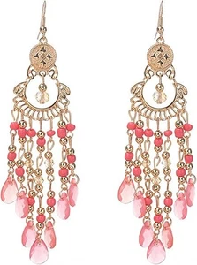(PINK) Boho Beaded Tassels Ethnic Hook Dangle Earring Eardrop - Picture 1 of 1